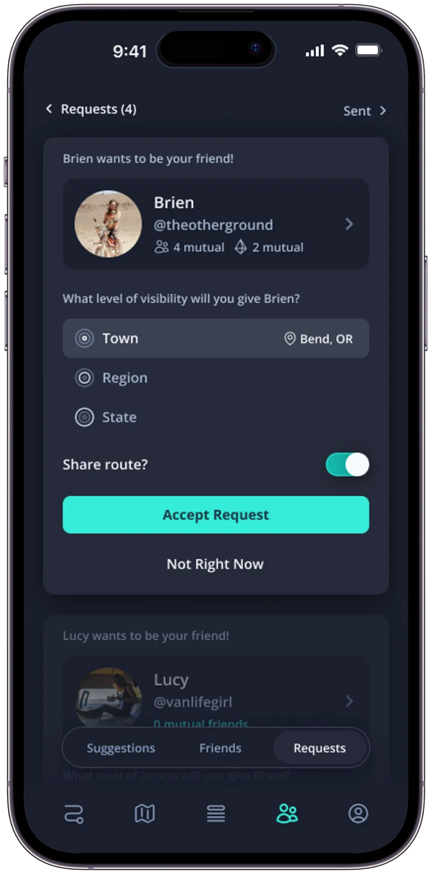 Crossroads app friend request screen with location-sharing options