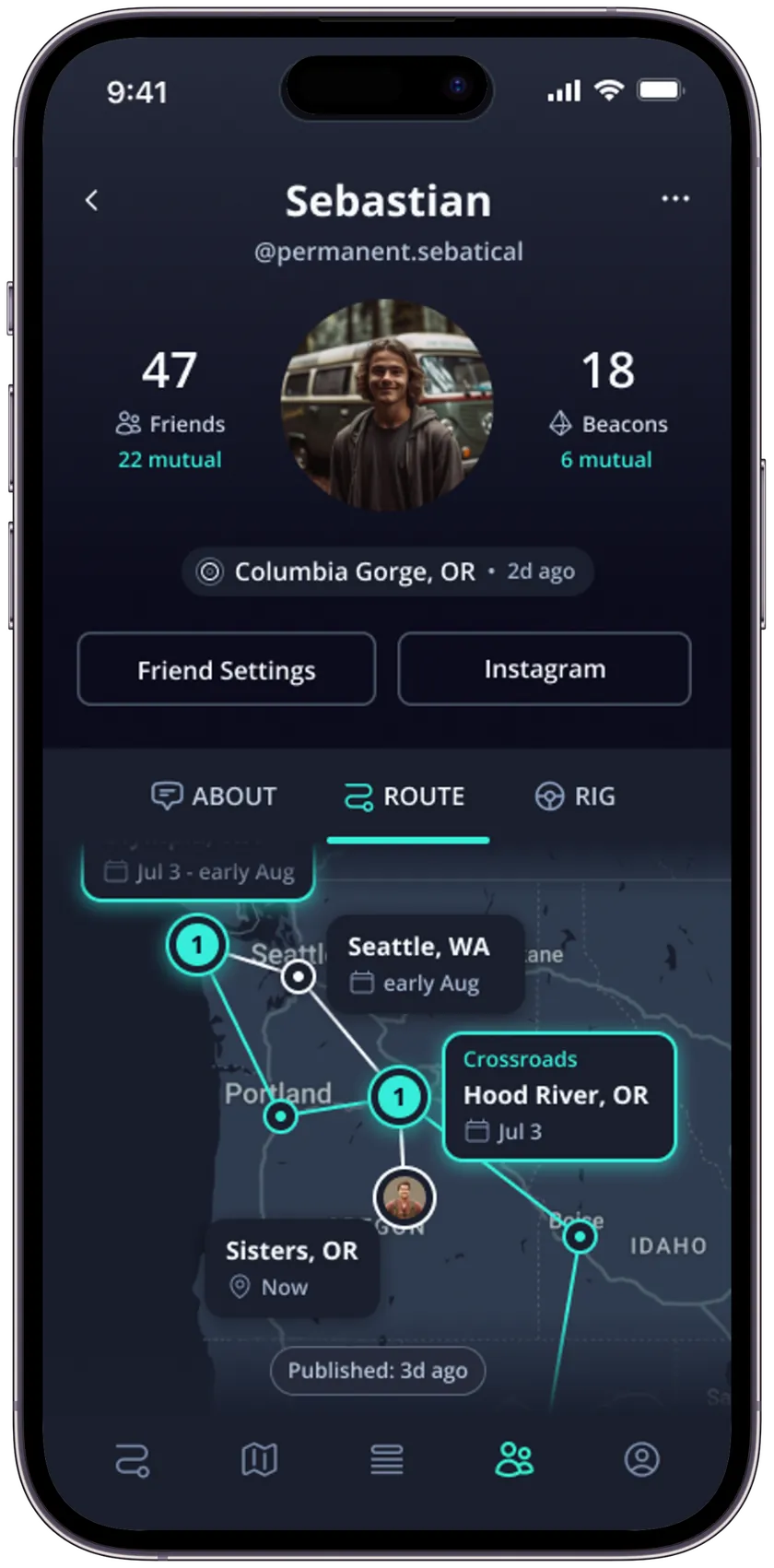 Crossroads app profile showing friends, beacons and a travel route map
