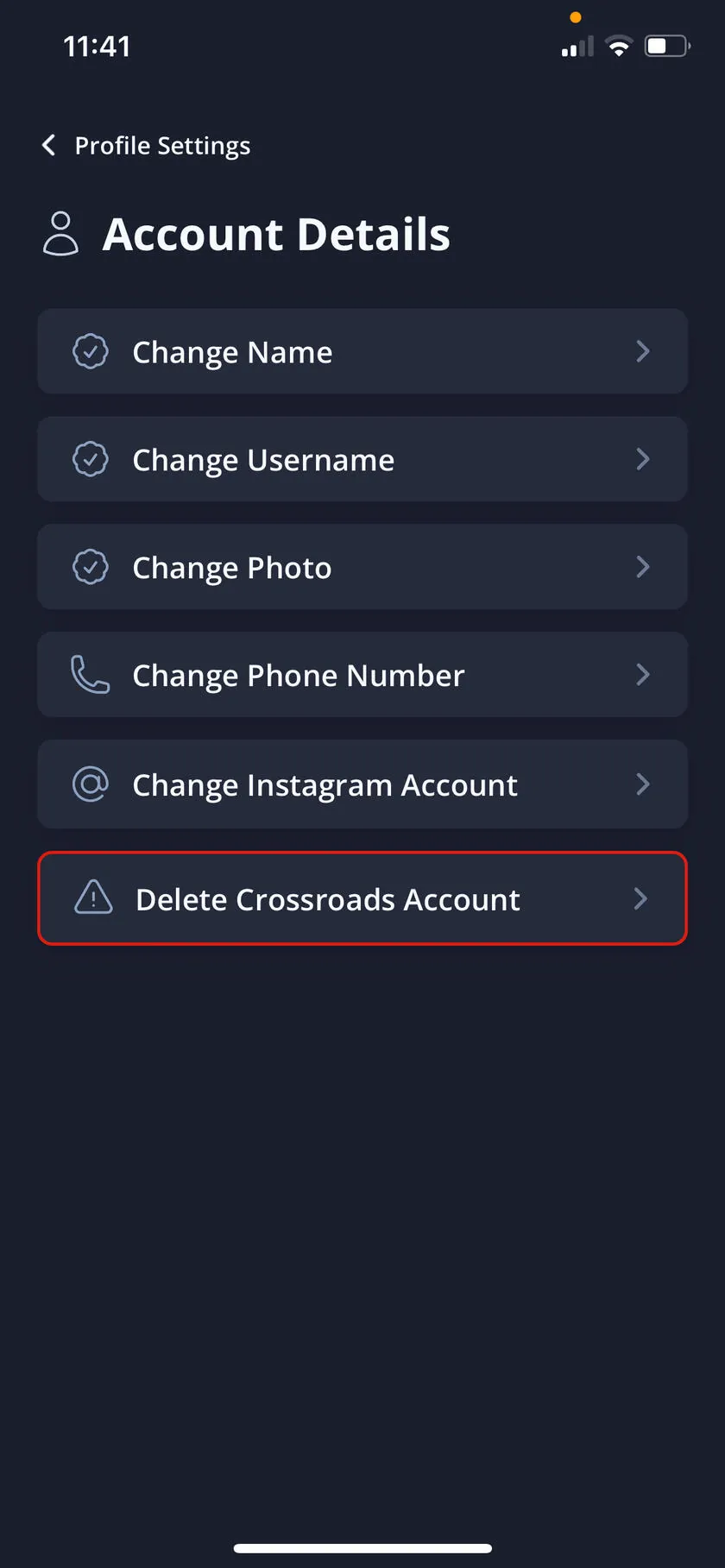 Crossroads app account settings, including the Delete Crossroads Account option